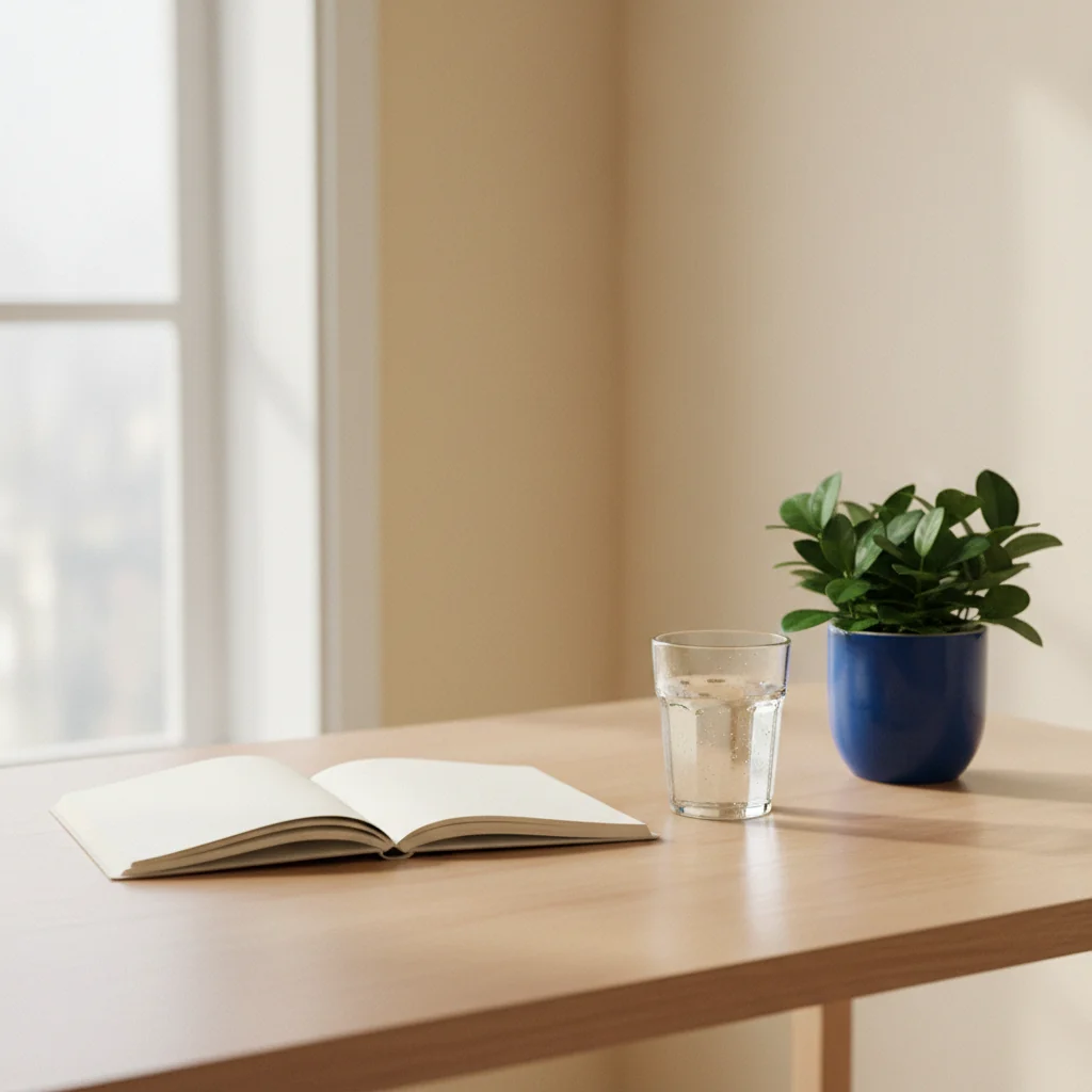 A tidy desk with a notepad, a glass of water, and a small potted plant on a wooden surface in natural light