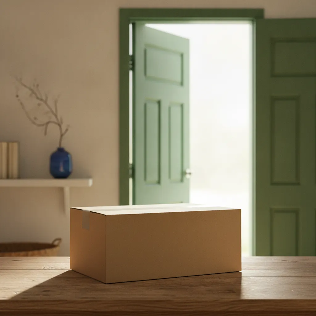 A neat plain kraft parcel box on a wooden table near a bright front door