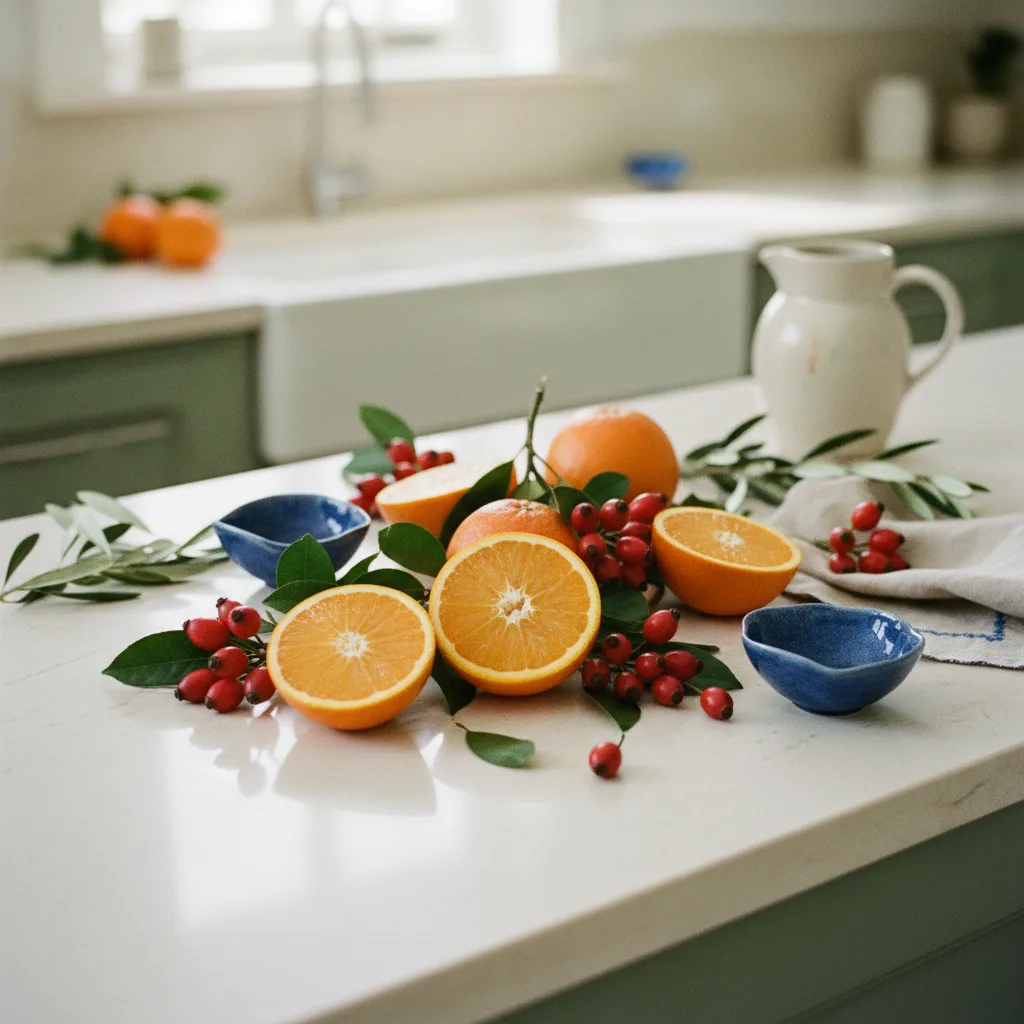 Fresh citrus fruits, rosehip berries and green leaves on a pale stone surface representing Vitamin C sources