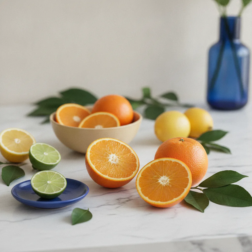 Fresh oranges cut in half on a pale marble surface with scattered green leaves - natural source of Vitamin C