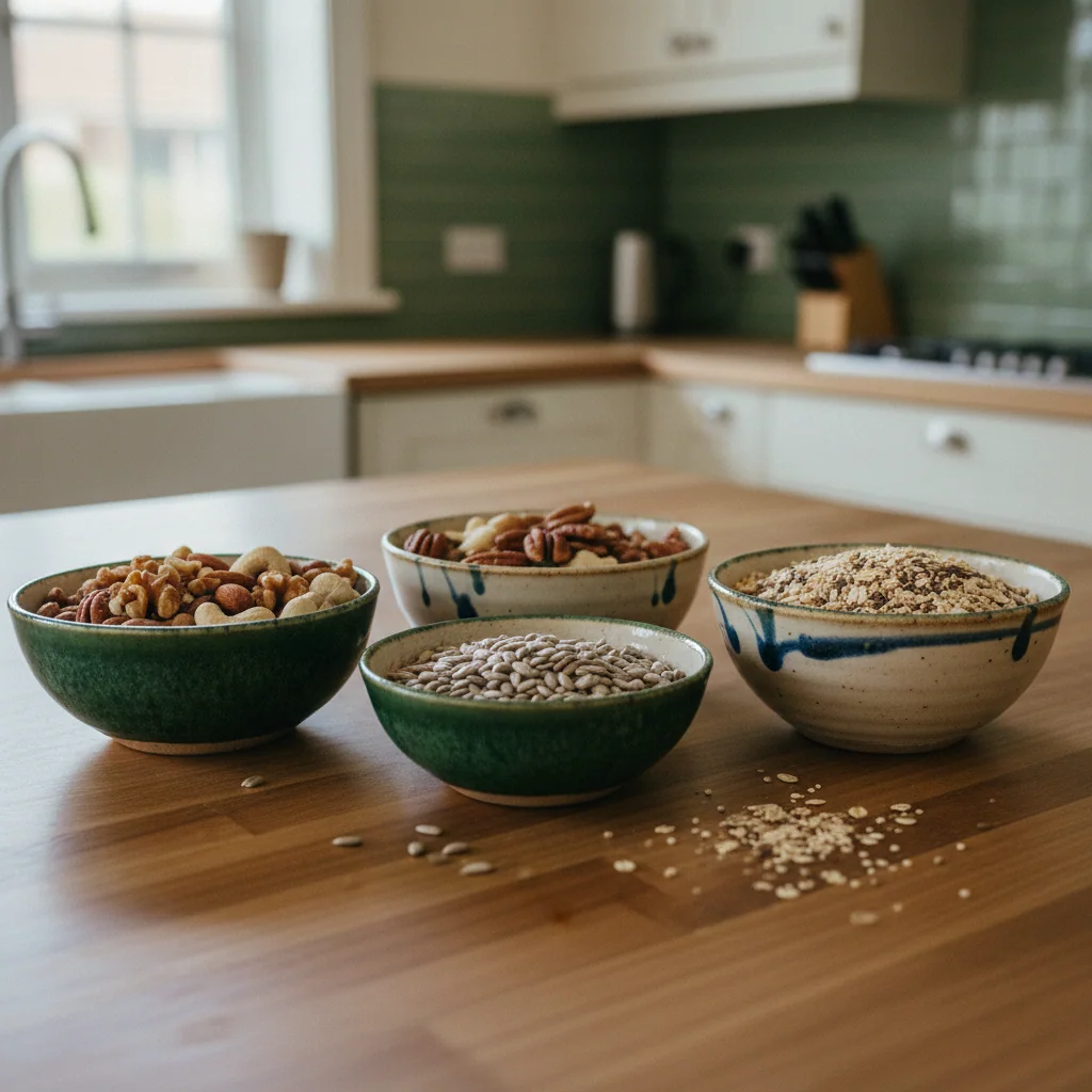 Assorted nuts, seeds and whole grains in ceramic bowls on a wooden kitchen surface representing B-vitamin rich foods