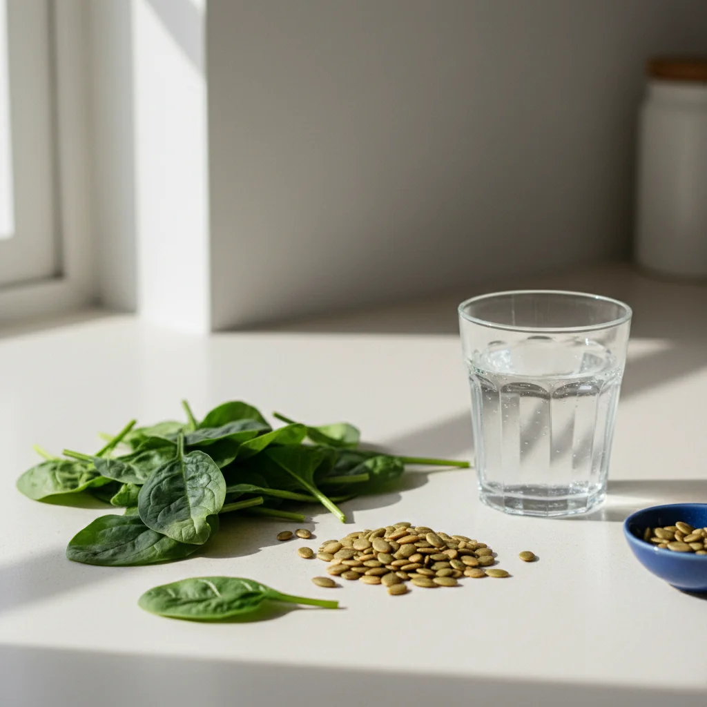 Dark leafy greens, pumpkin seeds and a glass of still mineral water on a clean kitchen counter
