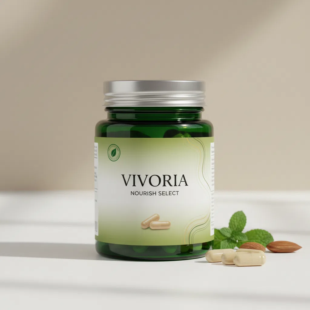 Vivoria Nourish Select dark green glass supplement jar with silver lid